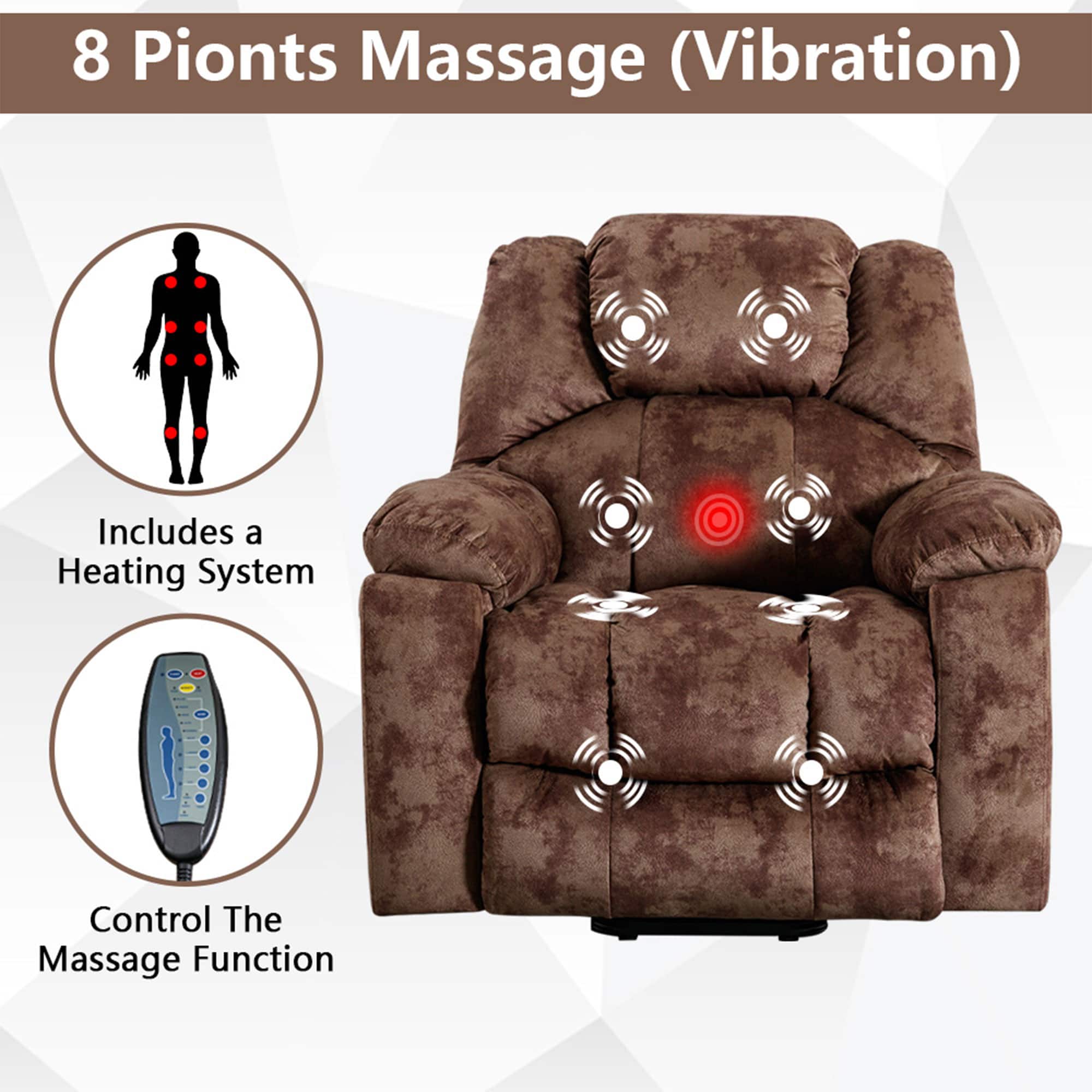 8 Points Massage (Vibration) Includes a Heating System Control The Massage Function