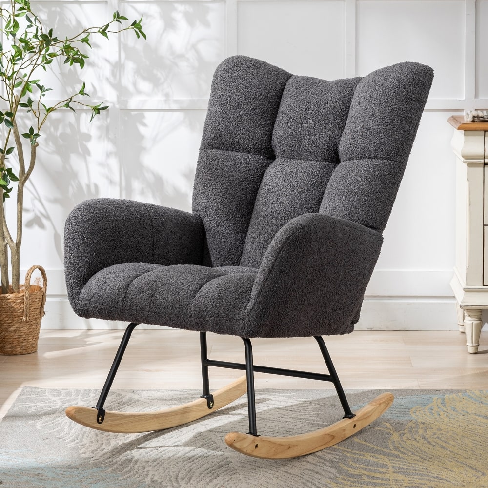 Loheer - Grey Teddy Fabric Rocking Chair Nursery Glider Rocker - Gray