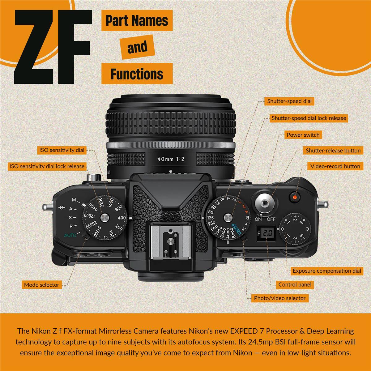 ZF

Part Names and Functions

- Shutter-speed dial
- Shutter-speed dial lock release
- Power switch
- ISO sensitivity dial
- ISO sensitivity dial lock release
- 40 mm 1:2
- Shutter-release button
- Video-record button
- M
- 200
- 6400
- 1600
- A
- 800
- S
- 12800
- 400
- P
- 25600
- 200
- AUTO
- 51200
- 100
- a
- 4
- 15
- 30
- Z
- 60
- 125
- 250
- EP
- 1
- 500
- 1000
- x
- 2000
- 4000
- 8000
- ON
- OFF
- F 2.0 - 1 3
- C
- Exposure compensation dial
- Mode selector
- Control panel
