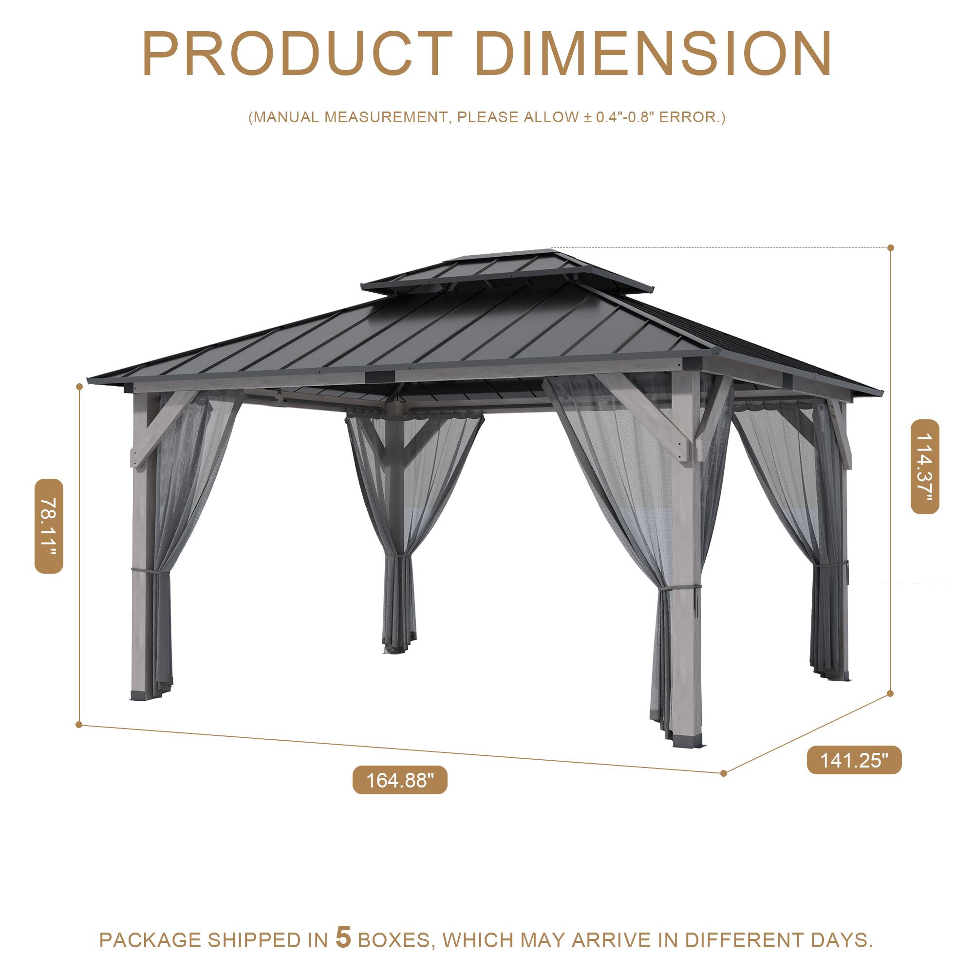 PRODUCT DIMENSION (MANUAL MEASUREMENT, PLEASE ALLOW ±0.4"-0.8" ERROR.)  
78.11" x 114.37" x 164.88" x 141.25"  
PACKAGE SHIPPED IN 5 BOXES, WHICH MAY ARRIVE IN DIFFERENT DAYS.