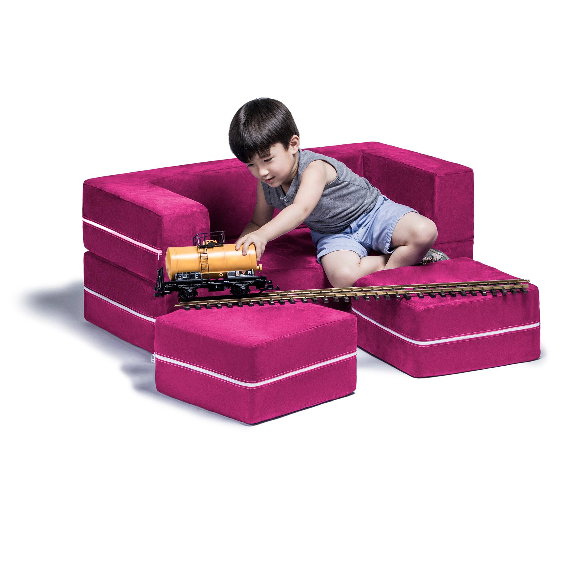 Left. Jaxx - Jaxx Zipline Kids Modular Loveseat & Ottomans, Fold Out Lounger, Fuchsia - Fuchsia.
