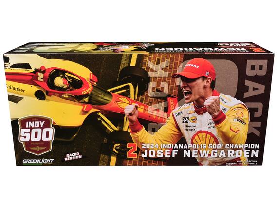 Sure, here is the corrected and grouped text from the image:
---
**2024 Indianapolis 500 Champion Josef Newgarden**
**108th INDY 500**
**GAINBRIDGE**
**GREENLIGHT collectibles**
**RACED VERSION**
**CONTAINS: 1 DIE-CAST VEHICLE**
**Sponsors:**
- Gallagher
- Firestone
- OMP
- Pirelli
- Pennzoil
- Sapon
- HITA
- Veritas
- Tire Rack
- Shell
- Fred's
- HONDA
**Box Text:**
- BACK
- 2
- 2024 INDIANAPOLIS 500 CHAMPION JOSEF NEWGARDEN
- ADULT COLLECTIBLE
---
