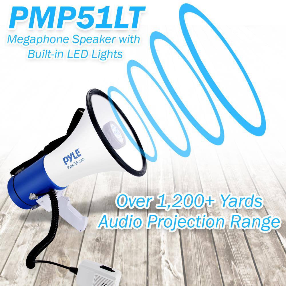 PMP51LT  
Megaphone Speaker with Built-in LED Lights  
PYLE  
PyleUSA.com  

Over 1,200+ Yards Audio Projection Range