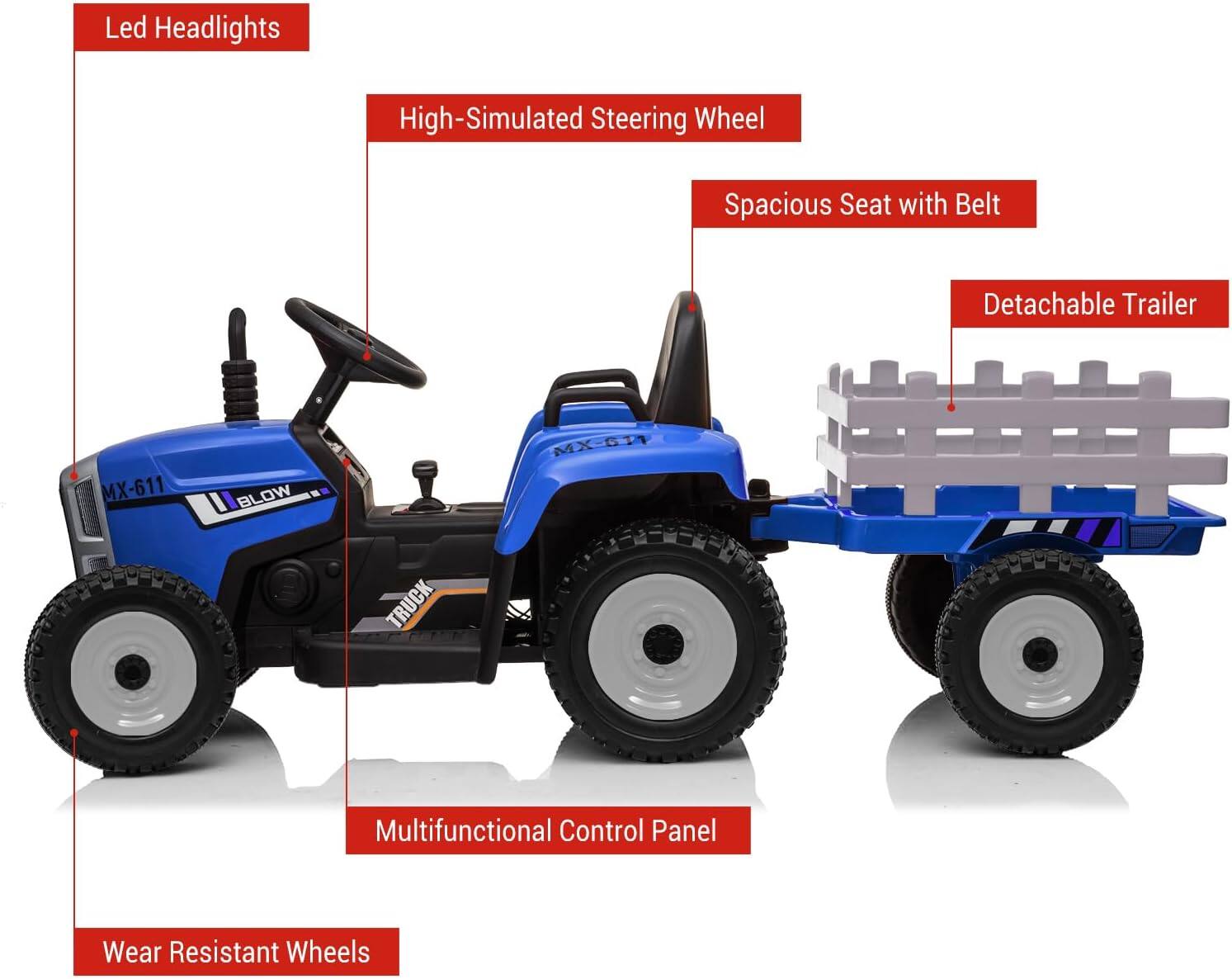 Led Headlights  
High-Simulated Steering Wheel  
Spacious Seat with Belt  
Detachable Trailer  
Multifunctional Control Panel  
Wear Resistant Wheels