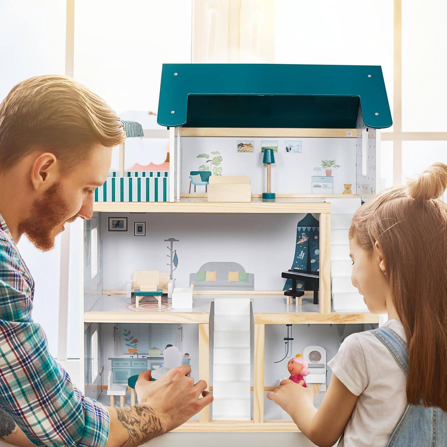 Alt View 5. Lil' Jumbl - Kids Wooden Dollhouse, 3 Story Small Doll House with Stairs, Accessories & Furniture - Green.