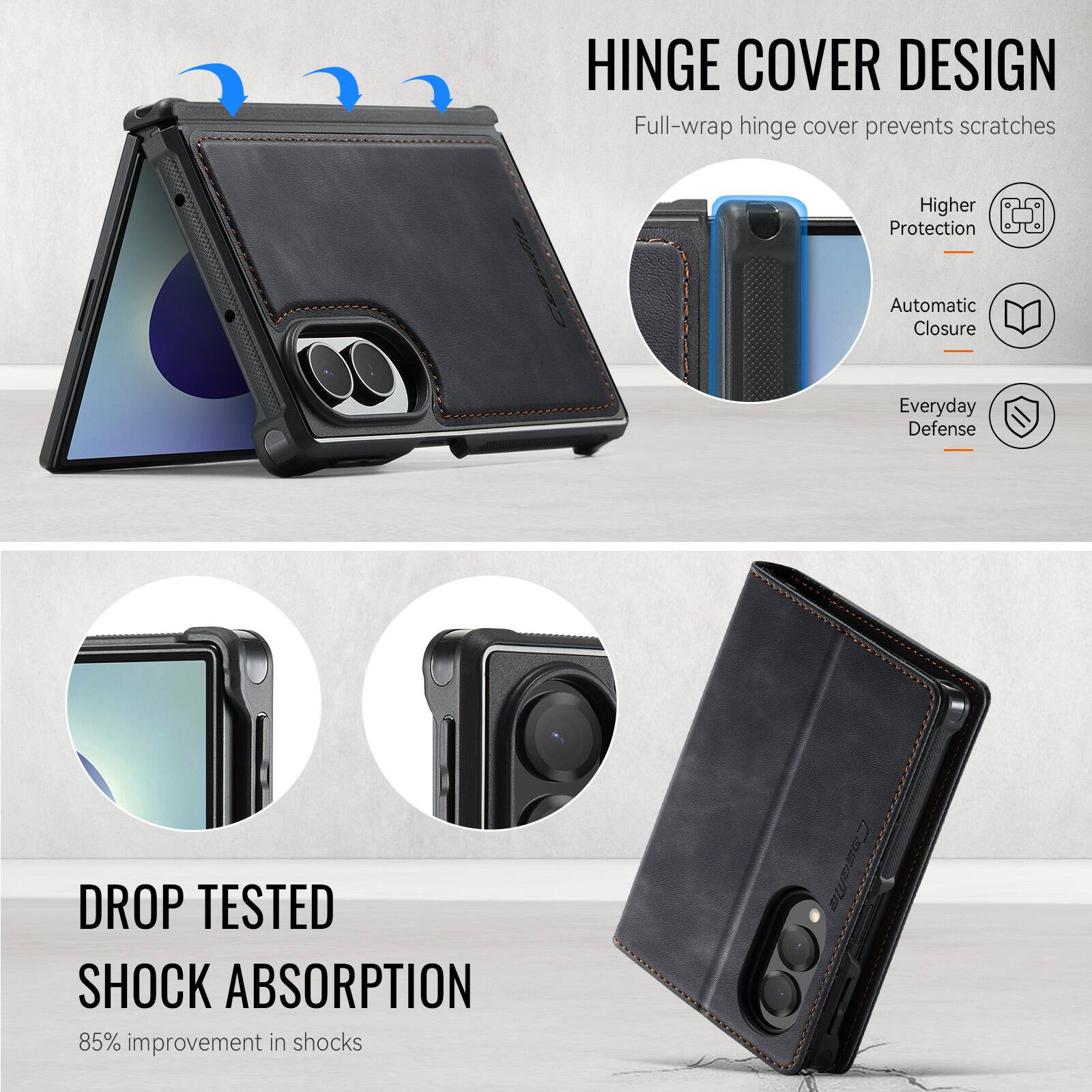 HINGE COVER DESIGN  
Full-wrap hinge cover prevents scratches

Higher Protection  
Automatic Closure  
Everyday Defense

DROP TESTED SHOCK ABSORPTION  
85% improvement in shocks