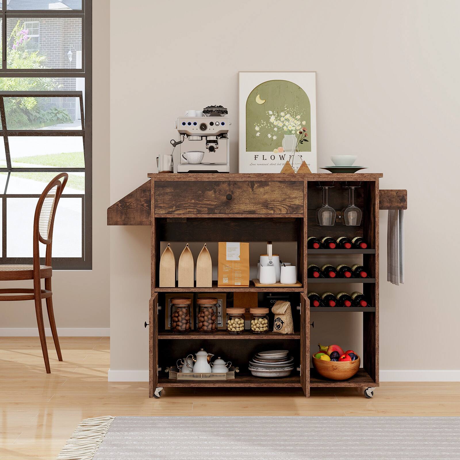 Angle. SlickBlue - Rolling Kitchen Island Cart with Drop Leaf, Power Outlet, and Adjustable Storage - Rustic Brown.