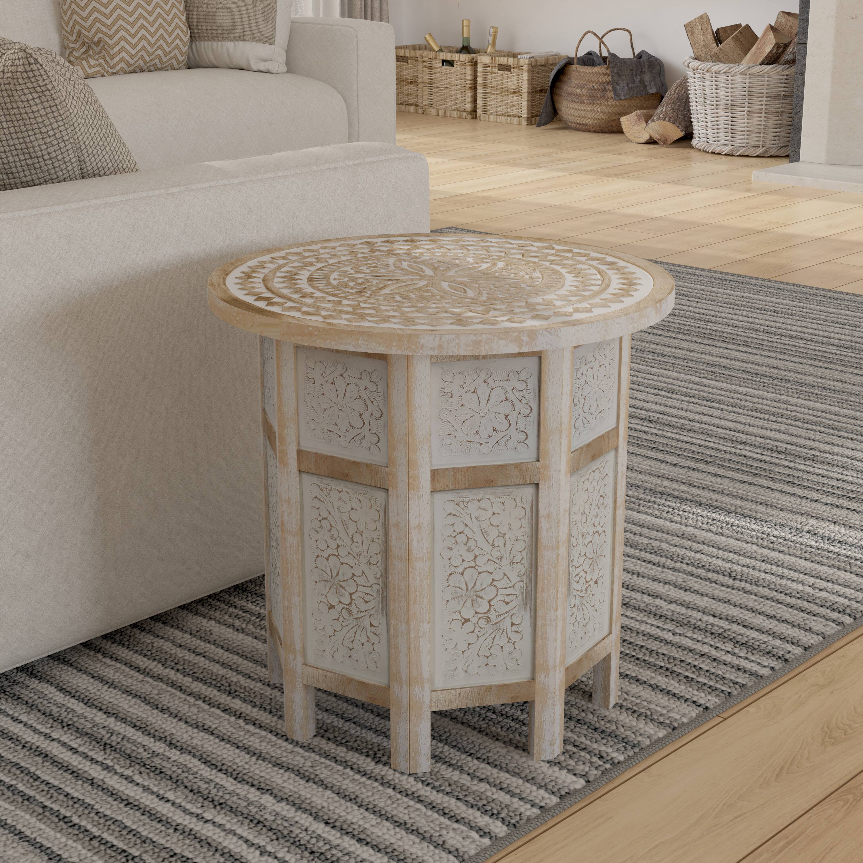 Alt View 8. Manhattan Lane - Accent Side Table, Mango Wood 18 Inch Round Top, Hand Carved Inlay Mandala Design - Washed White.