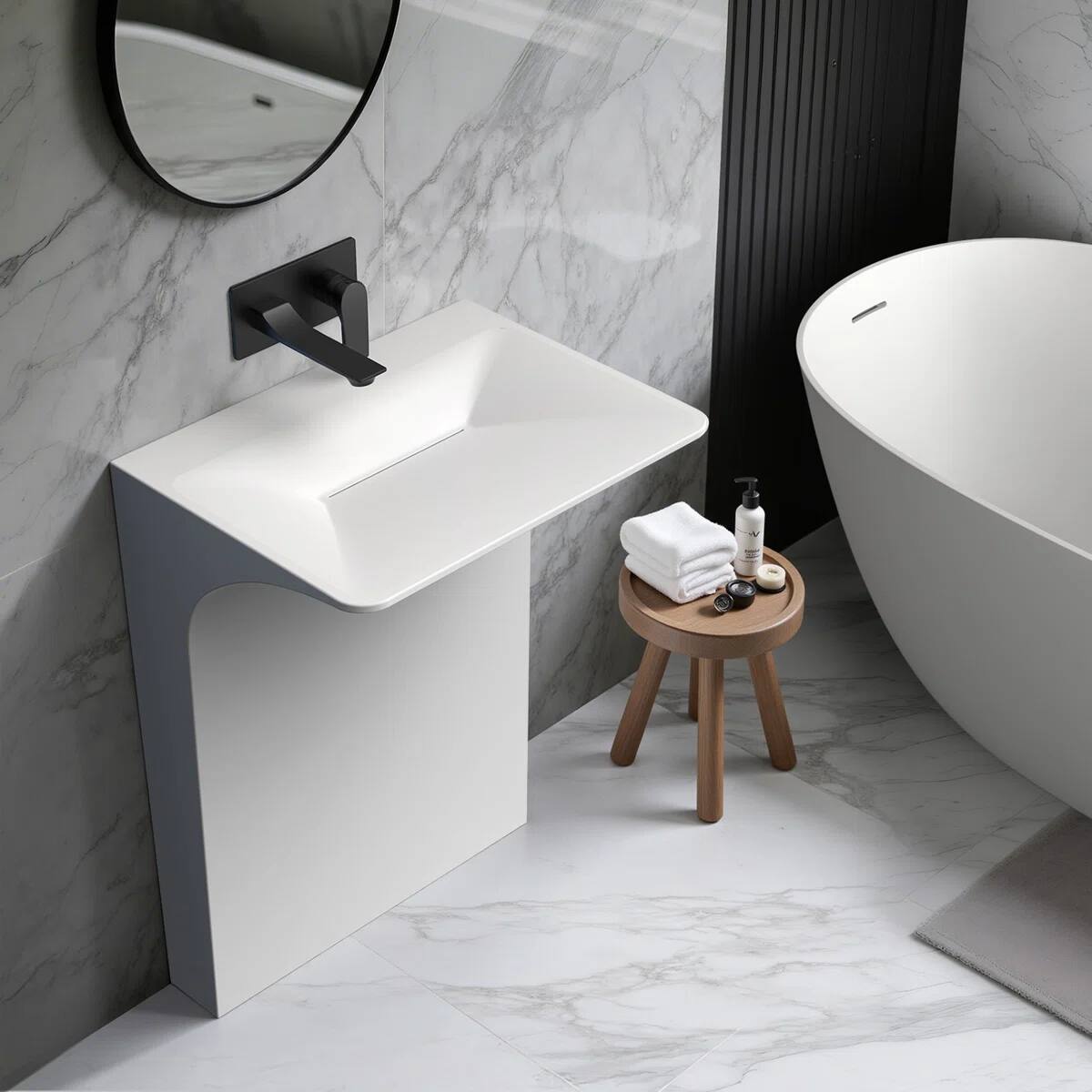 Left. Koligey - 33.2'' Tall Solid Surface Pedestal Sink,White Bathroom Sink - white.