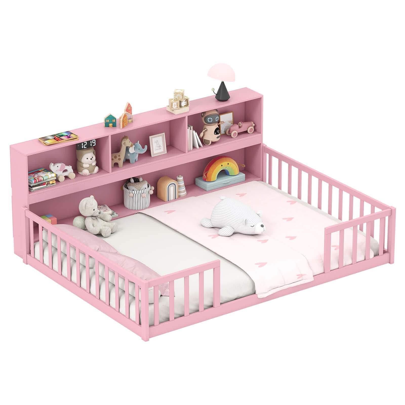 Costway - Full Size Montessori Floor Bed with Bookcase Storage Shelves & Safety Fence Rails - Pink