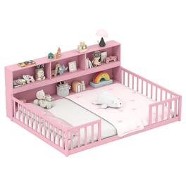 Costway - Full Size Montessori Floor Bed with Bookcase Storage Shelves & Safety Fence Rails - Pink