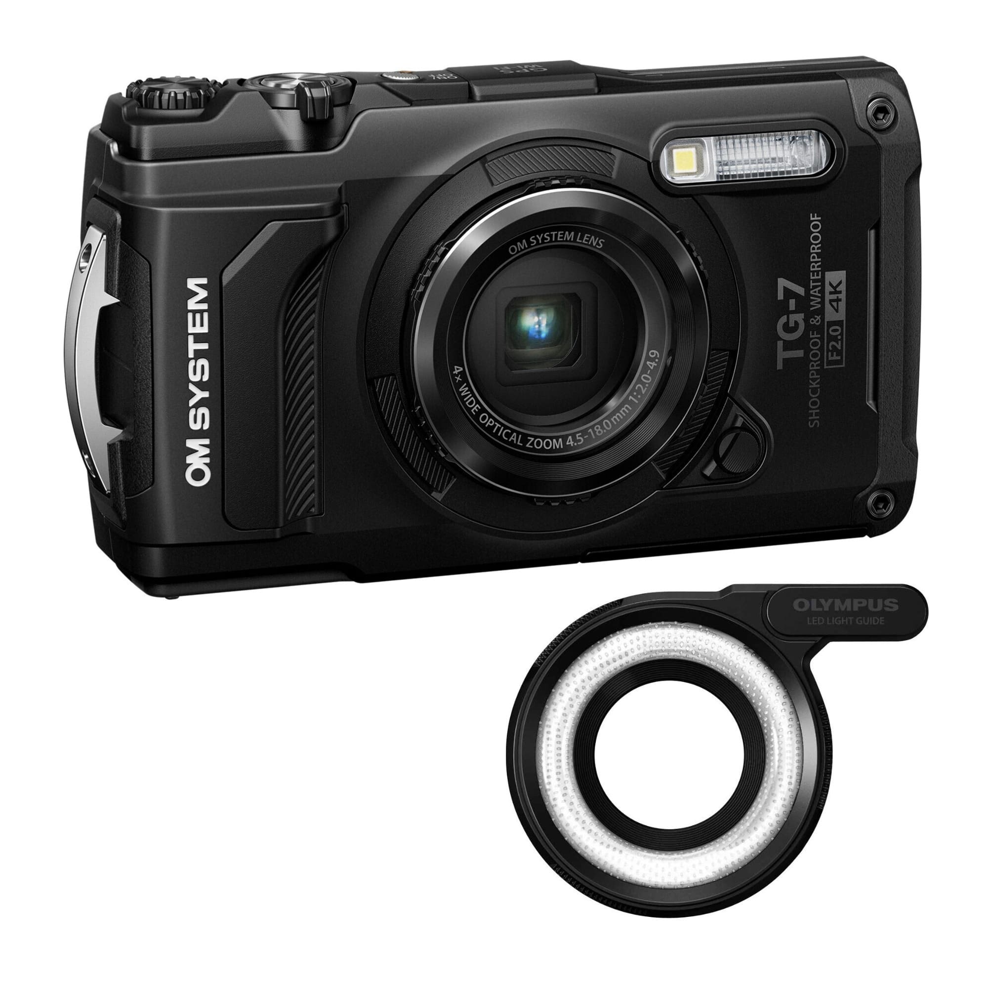 OM System - Olympus Tough TG-7 12MP Digital Camera (Black) Bundle with LG-1 LED Light Guide