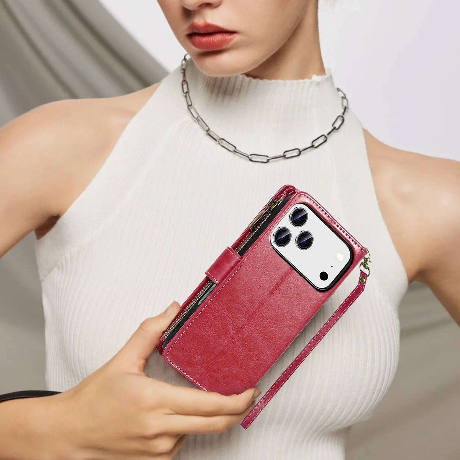 Alt View 7. Equipd - Phone Case for iPhone 17 Pro 6.3", Luxury Wallet Card ID Zipper Money Holder Cover (Red) - Red.
