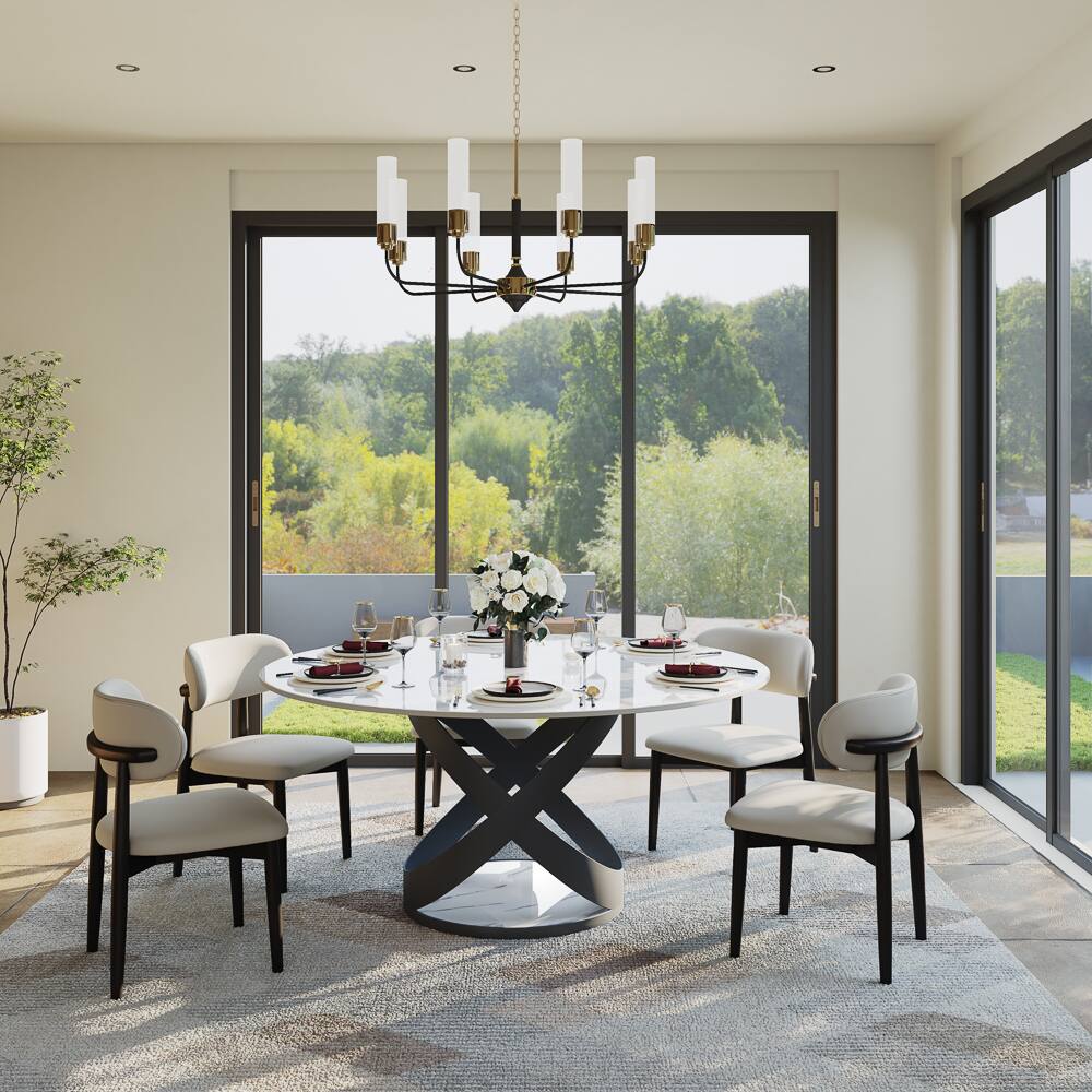 Left. POVISON - 59" Modern Round White Glossy Dining Table for 6, Sintered Stone Tabletop with Black X Carbon Steel Base - White Glossy Sintered Stone with Black.