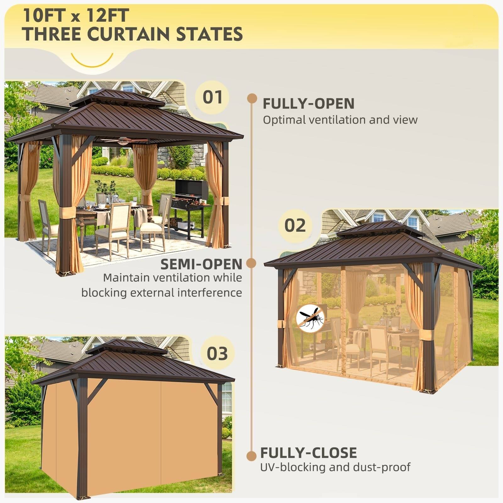 10FT x 12FT  
THREE CURTAIN STATES

01  
FULLY-OPEN  
Optimal ventilation and view

02  
SEMI-OPEN  
Maintain ventilation while blocking external interference

03  
FULLY-CLOSE  
UV-blocking and dust-proof