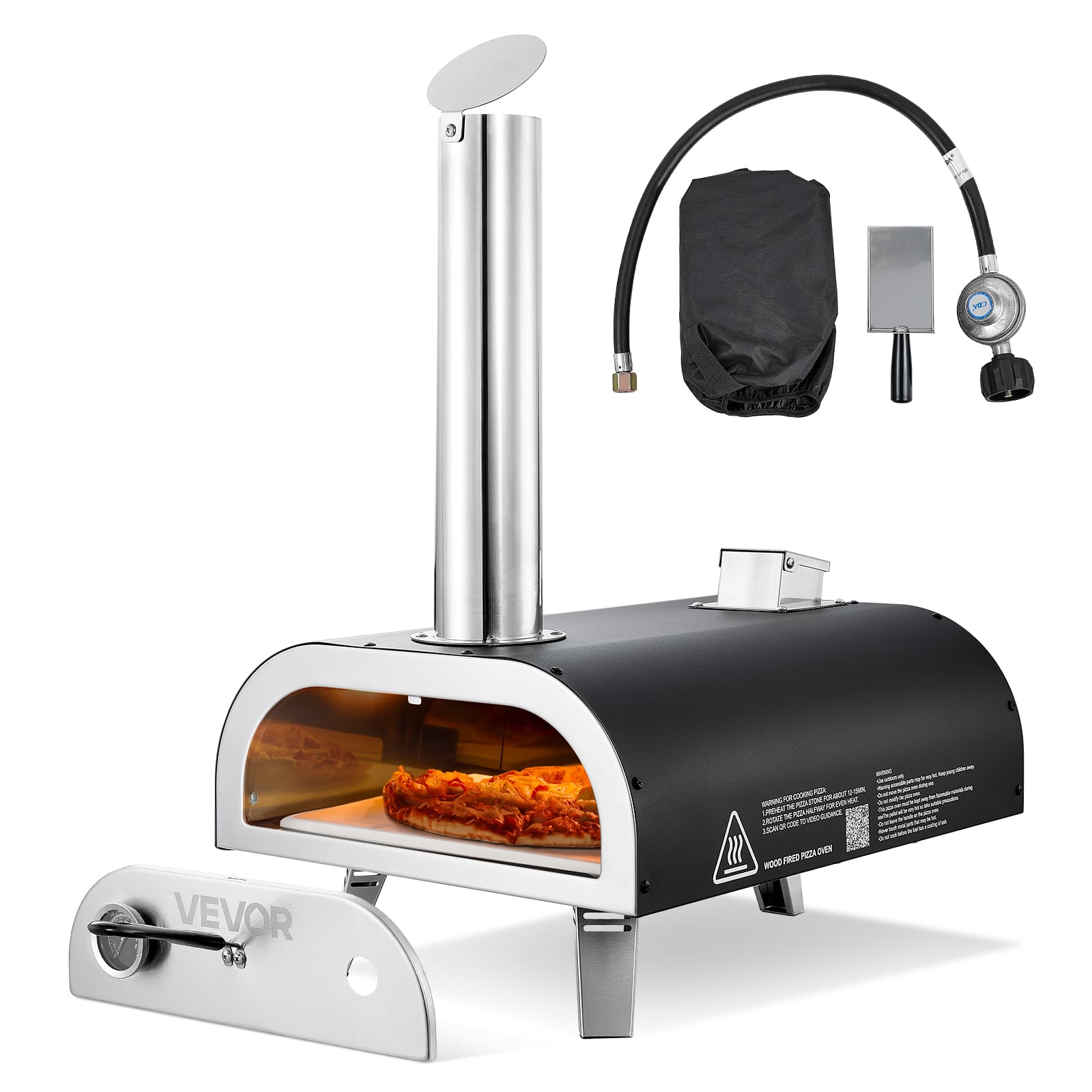 VEVOR - Dual Fuel Pizza Oven Outdoor, 12 in Wood Fire & Propane Gas Pizza Oven, Portable Pellet & Propane Pizza-Maker - Black (spray)