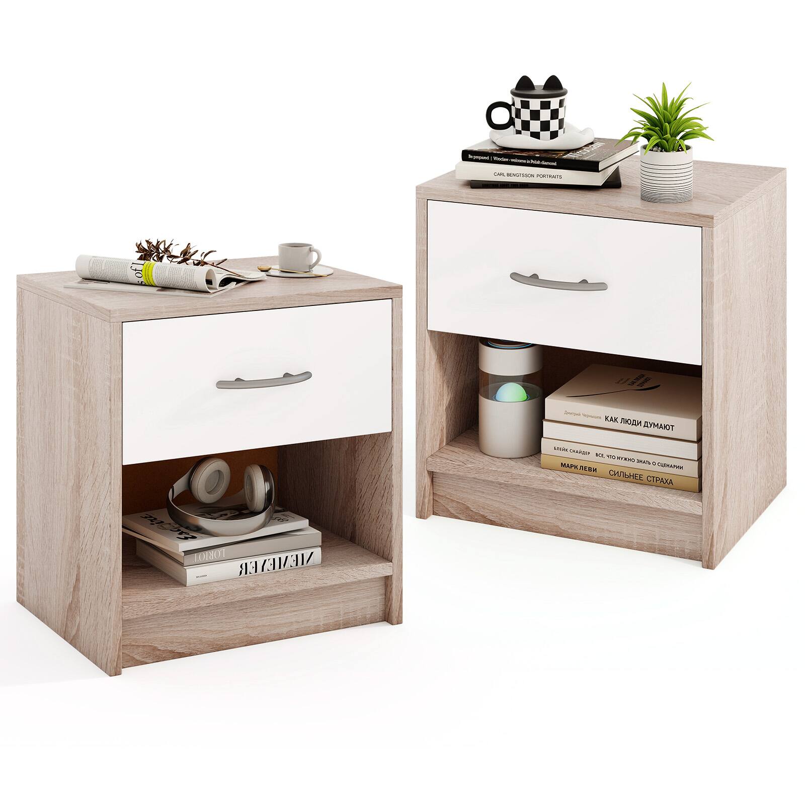 Gymax - 2 PCS Nightstand w/ Drawer Side Table w/ Slide-out Drawer Open Storage Shelf Natural & White - Natural, White