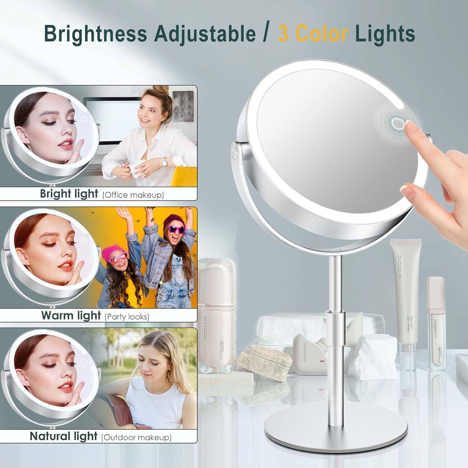 Brightness Adjustable / 3 Color Lights

- Bright light (Office makeup)
- Warm light (Party looks)
- Natural light (Outdoor makeup)