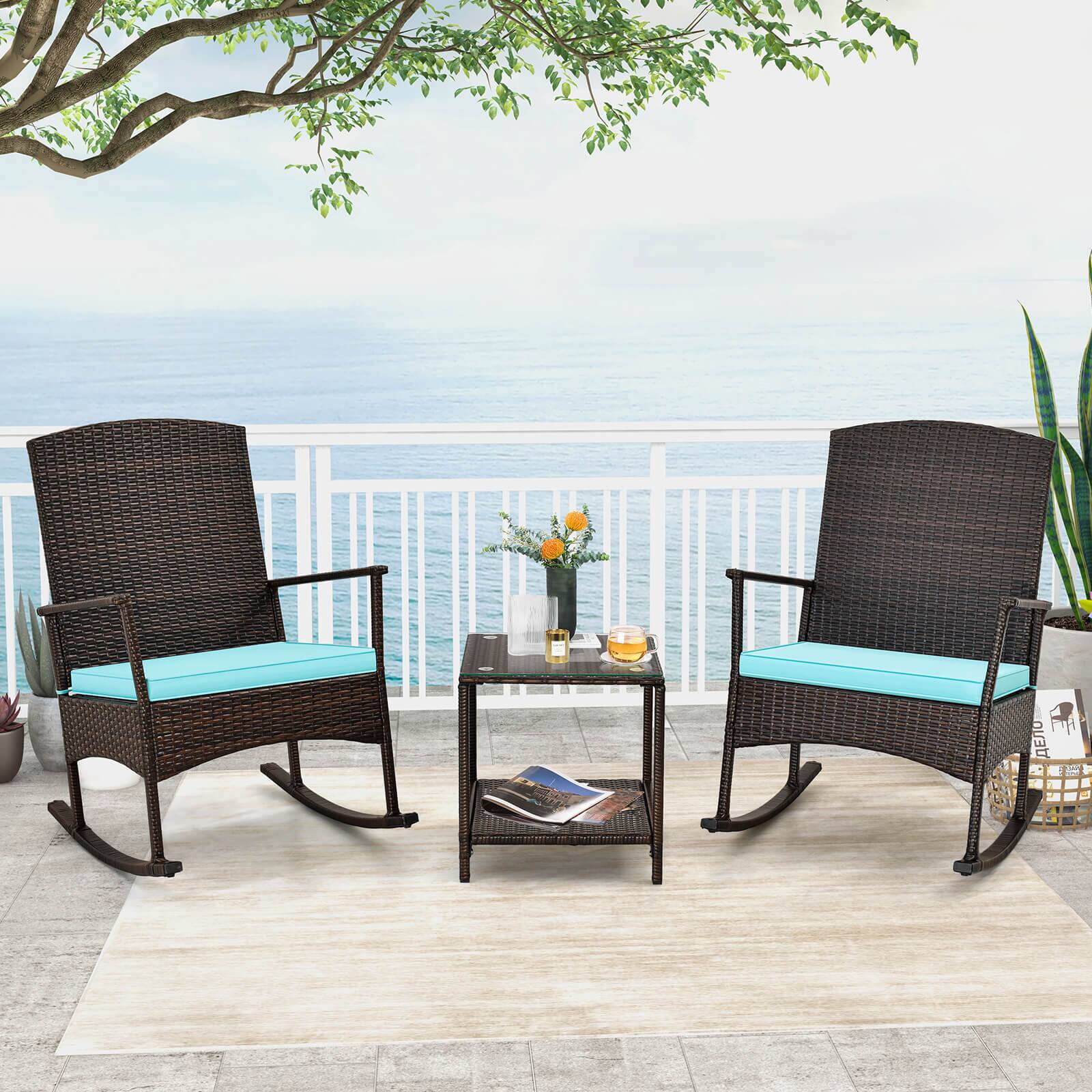 Alt View 1. Costway - Costway 3 Piece Patio Rocking Set Wicker Rocking Chairs with 2-Tier Coffee Table Turquoise - Turquoise.