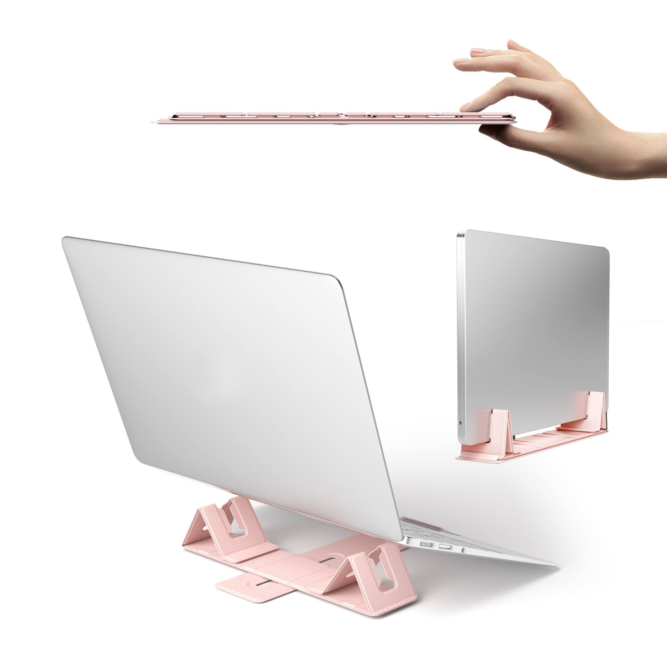 Angle. Perilogics - Magnetic Adjustable Travel Laptop Stand – Foldable Riser with Height Adjustability, Ergonomic Viewing Angles, and Coolin - Pink.