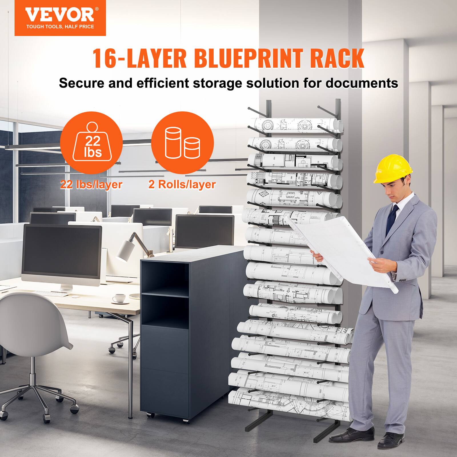 VEVOR  
TOUGH TOOLS, HALF PRICE  

16-LAYER BLUEPRINT RACK  
Secure and efficient storage solution for documents  

22 lbs/layer  
2 Rolls/layer