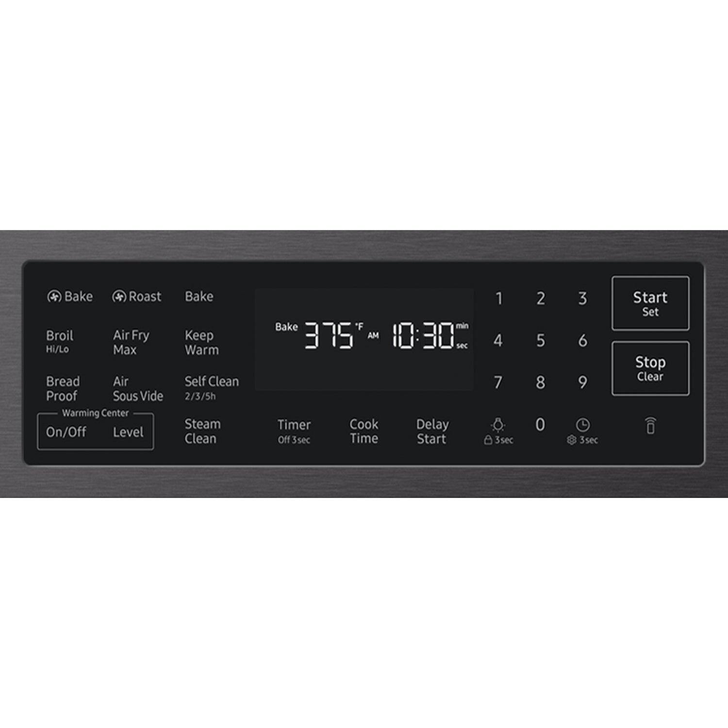 Bake * Roast * Broil * Air Fry * Hi/Lo * Max * Bread * Air Proof * Sous Vide * Warming Center * On/Off * Level * Bake * Keep Warm * Self Clean * 2/3/5h * Steam * Clean * Bake * "F 375 * AM * Timer * Cook * Off 3sec * Time * min * 30 sec * Delay * Start * 1 * 4 * 7 * 3sec * 2 * 5 * 8 * 0 * 3 * 6 * 9 * 3sec * Start * Set * Stop * Clear