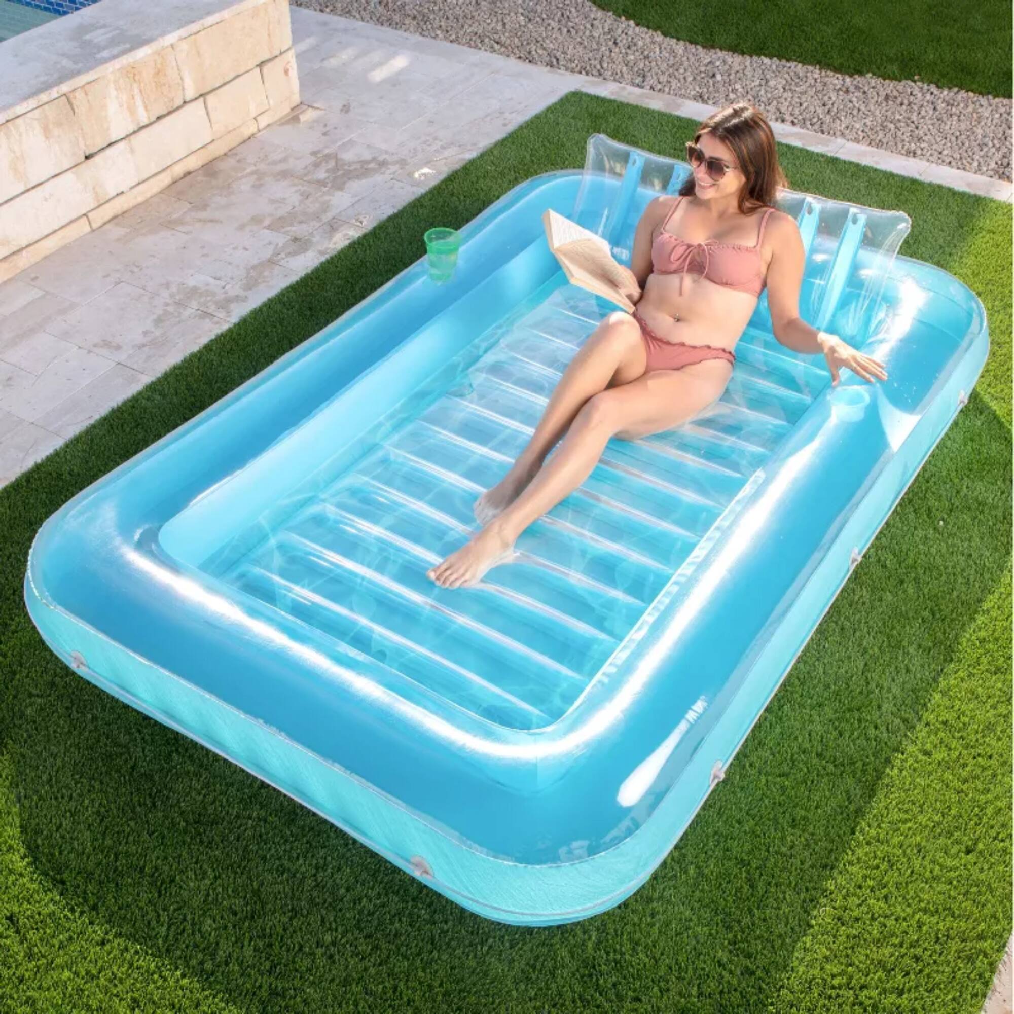 Angle. Joyfy - 85" x 57" Inflatable Tanning Pool with Pillow, Suntan Tub Floatie Raft Suntanning Float Bed for Adult - Blue - Blue.