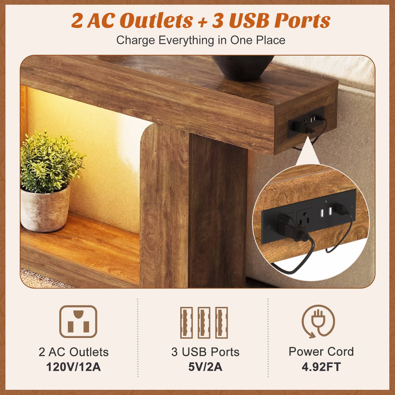 2 AC Outlets + 3 USB Ports  
Charge Everything in One Place  

2 AC Outlets  
120V/12A  

3 USB Ports  
5V/2A  

Power Cord  
4.92FT