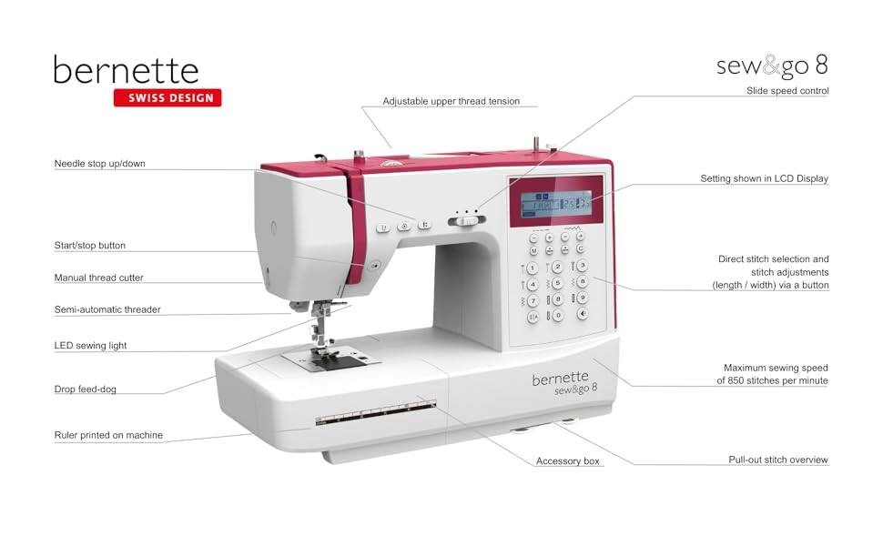bernette SWISS DESIGN Adjustable upper thread tension sew&go sew 8 Slide speed control Needle stop up/down Setting shown in LCD Display 5 I Start/stop button Manual thread cutter Semi-automatic threader I M 1 4 7 2 5 8 O a Direct stitch selection and stitch adjustments (length / width) via a button LED sewing light Drop feed-dog bernette 8 sew&go Maximum sewing speed of 850 stitches per minute Ruler printed on machine Accessory box Pull-out stitch overview