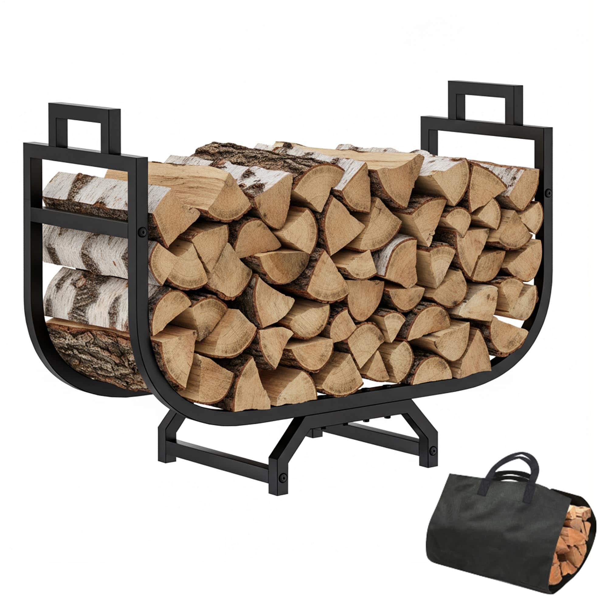 JETRANSPORT - 34 Inch Firewood Rack Outdoor With Log Carrier Bag Indoor Fire Wood Holder Metal Heavy Duty Rustproof Storage - 30in U-shaped