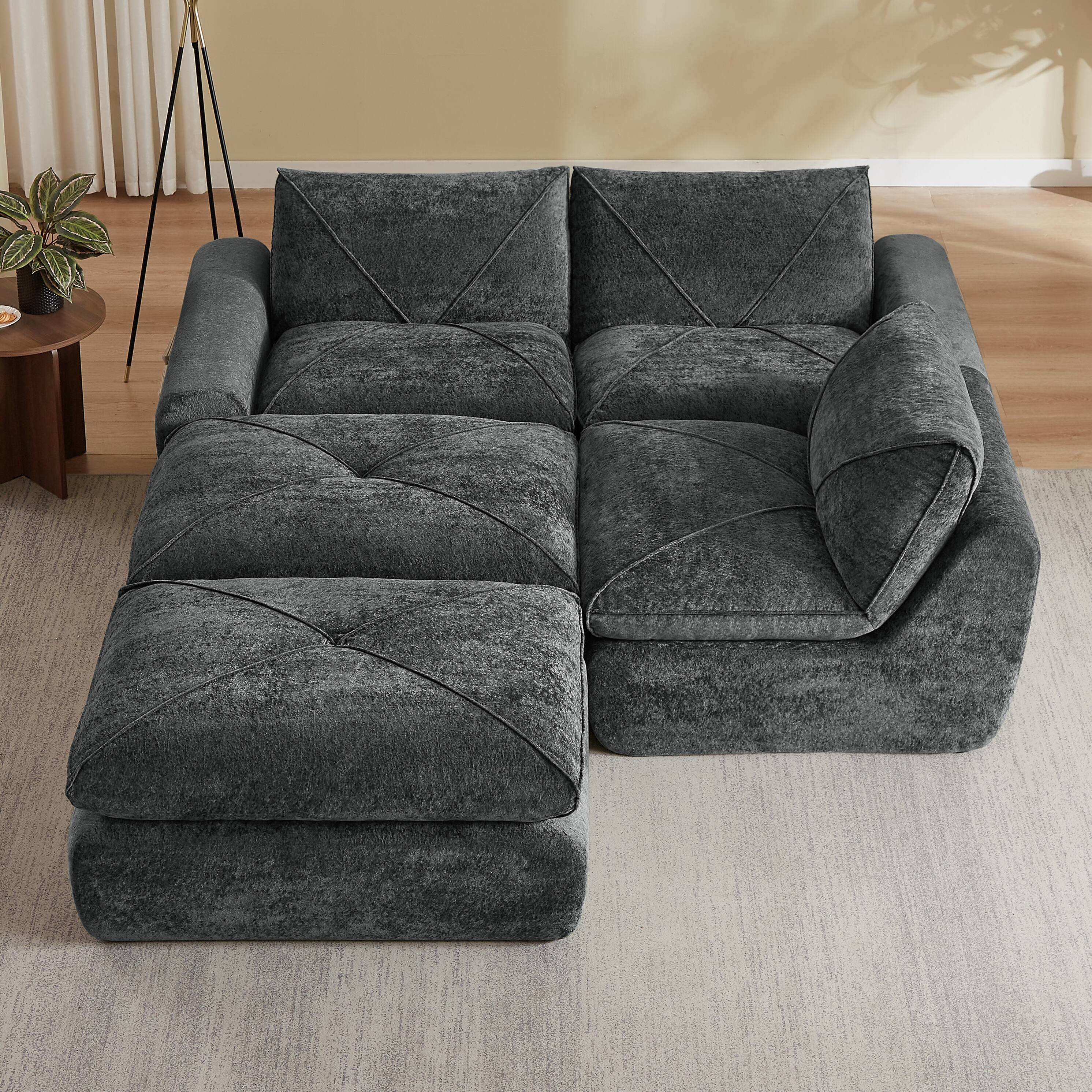 Back. Loheer - Loheer Chenille Sectional Sofa Modern Minimalist Couch with Ottoman for Living Room - Dark Gray.