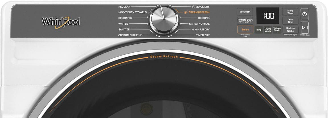 Whirlpool REGULAR HEAVY DUTY TOWELS DELICATES WHITES SANITIZE CUSTOM CYCLE QUICK DRY STEAM REFRESH BEDDING Low Heat NORMAL No Heat AIR DRY TIMED DRY EcoBoost Remote Start 0 T for WhF Steam 3 for Control Less Heat 100 Drying Wrinkle Temp Shield Levels More Time Less Time Reduce Static 3e For Cycle Signal DII Hotel - Start Steam Refresh