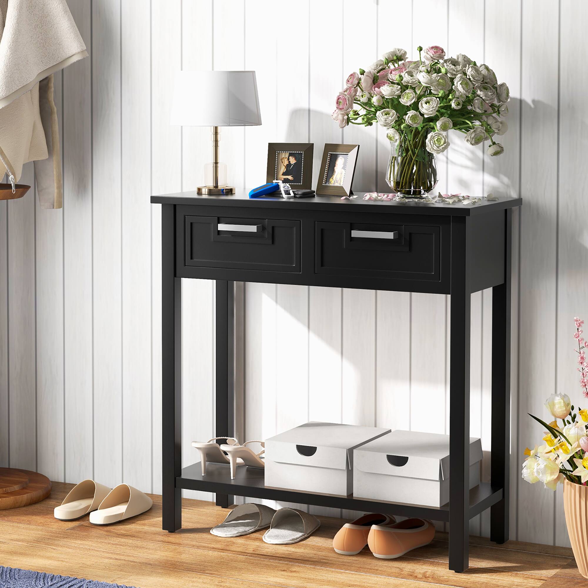 Alt View 1. Gymax - Gymax Narrow Console Table with Drawers Retro Accent Sofa Table w/ Open Storage Black - Black.