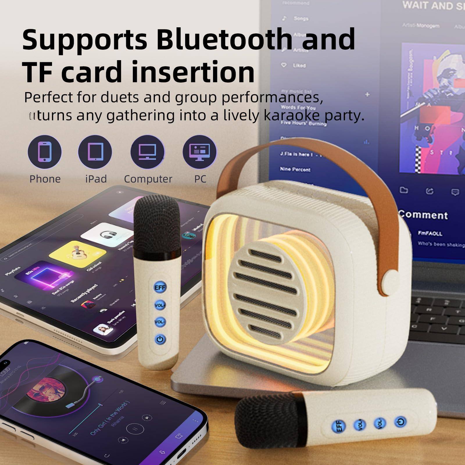 Supports Bluetooth and TF card insertion

Perfect for duets and group performances, it turns any gathering into a lively karaoke party.

Phone iPad Computer PC

WAIT AND SEE
Artist: Monogem
Album: H A J51m
Five Hours Burning
Words For You
Nine Percent
Comment
Who's been shaking it - FMAXOLL