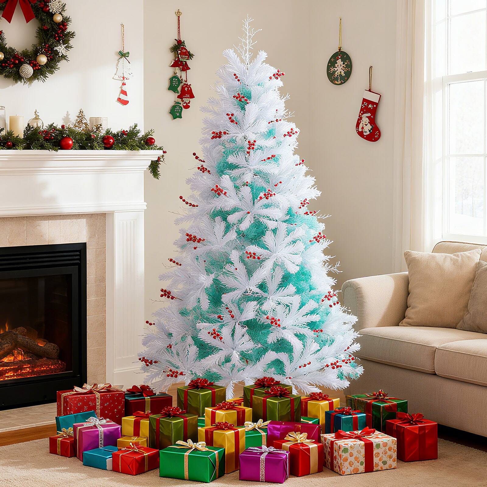 Alt View 1. Costway - Costway 6 FT Pre-lit Artificial Christmas Tree with 599 Branch Tips & 250 LED Lights for Party - Peacock Blue,White.