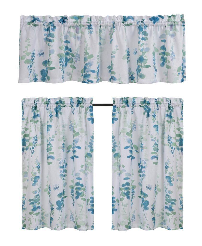 Back. Kate Aurora - Kate Aurora Watercolor Floral Lillies Complete 3 Piece Rod Pocket Kitchen Curtain Tier & Valance Set - Teal - Teal.