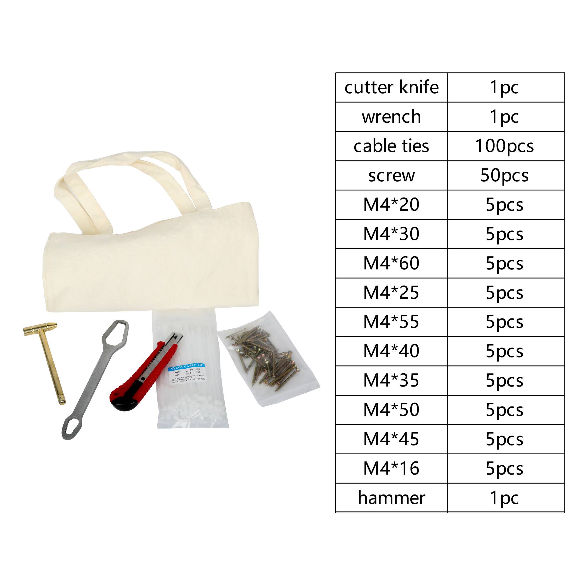 cutter knife, wrench, cable ties, screw, M4*20, M4*30, M4*60, M4*25, M4*55, M4*40, M4*35, M4*50, M4*45, M4*16, hammer