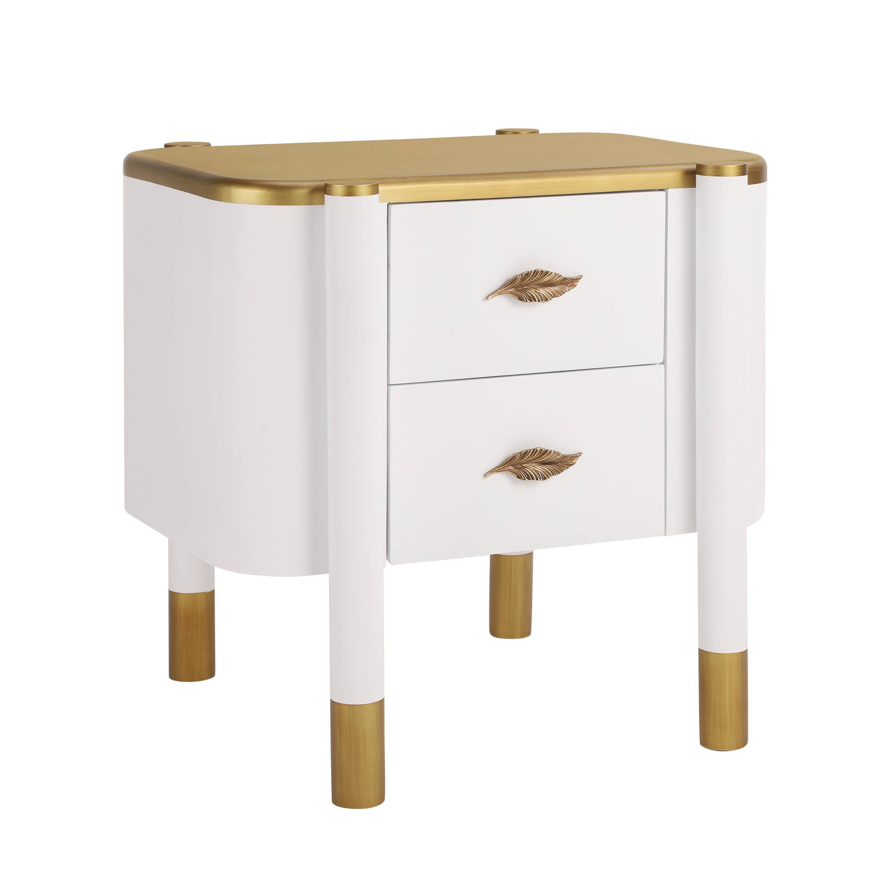 Left. Whisen - 2-Drawer Nightstand with Curved Profile,Bedside Table with Feather-Shaped Handles and High Legs - White.