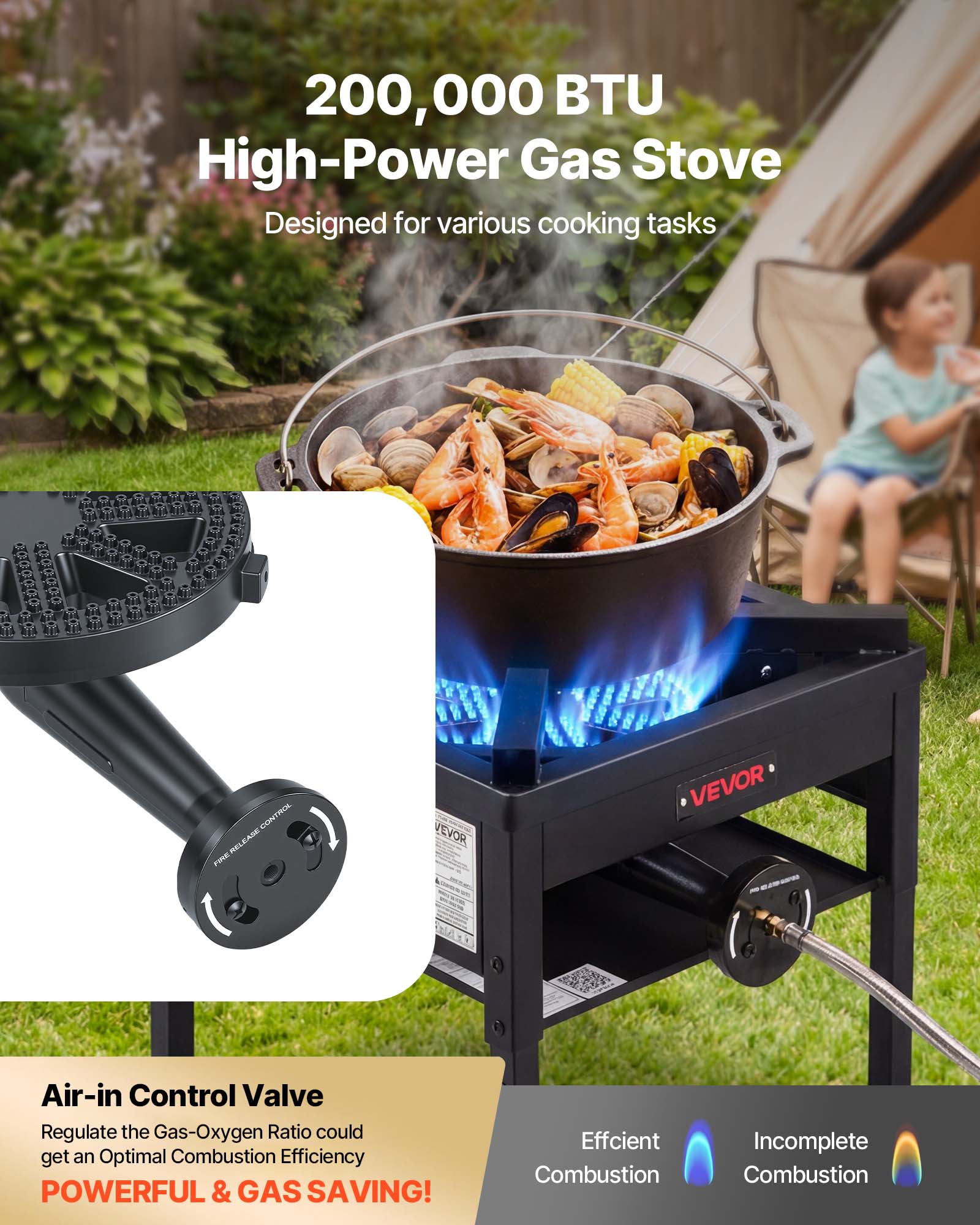 200,000 BTU High-Power Gas Stove  
Designed for various cooking tasks

Air-in Control Valve  
Regulate the Gas-Oxygen Ratio to get an Optimal Combustion Efficiency  
POWERFUL & GAS SAVING!

Efficient Combustion  
Incomplete Combustion