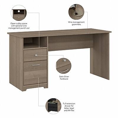Open cubby space with optional wire management punch out  
Wire management grommets  
Satin Silver hardware  
Full-extension drawer for letter, legal and A4 files