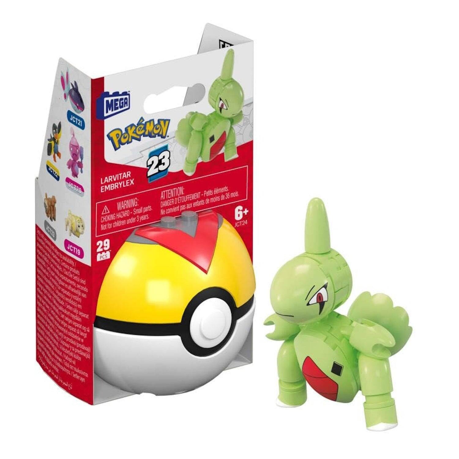 MEGA JCT21 Pokémon LARVITAR 23 JGMA EMBRYLEX ATTENTION: Petits éléments DANGER: ÉTouffement de 35 mois DANGER 1 entarts d mois A WARNING: Small parts convient pas a HAZARO Ne 6+ CHOKING under 3 years Not for children JCT24 JCTI9 29 PCS grduits
