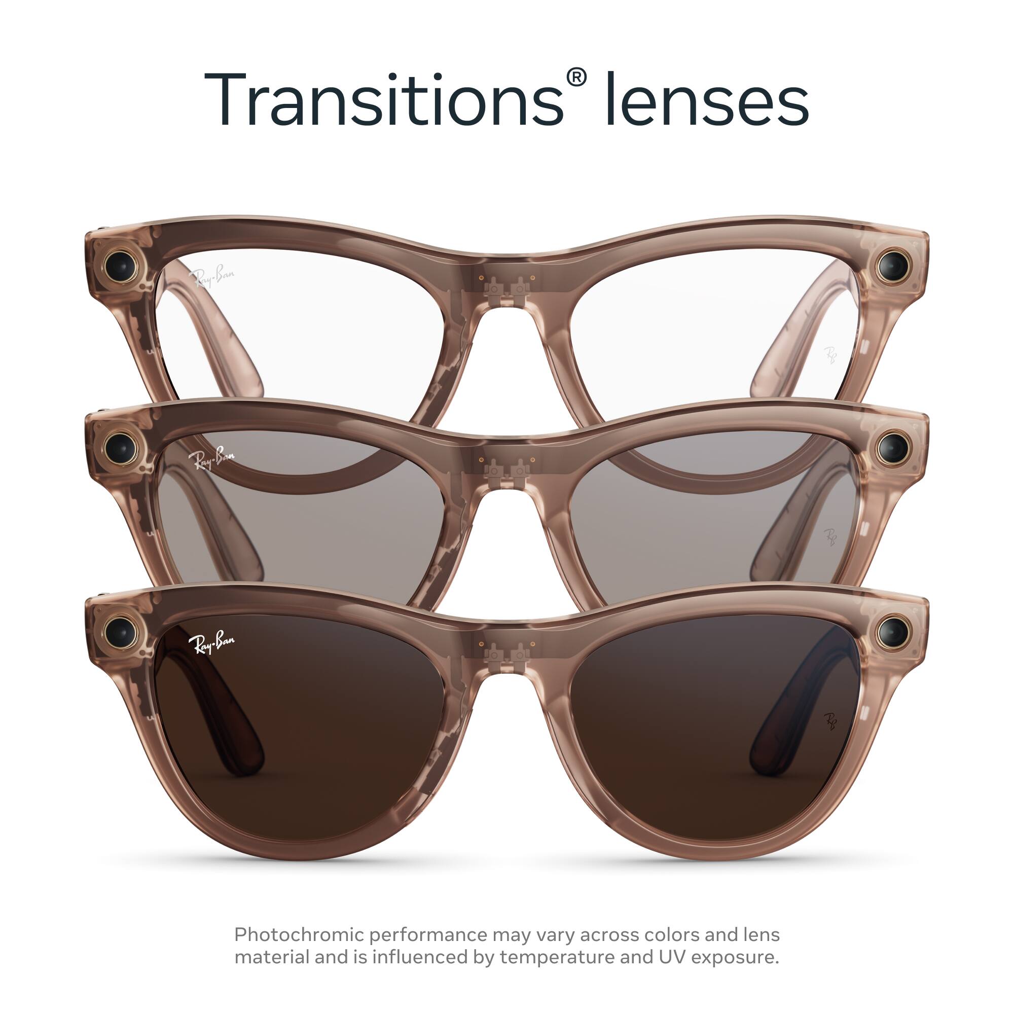 Transitions® lenses

Photochromic performance may vary across colors and lens material and is influenced by temperature and UV exposure.