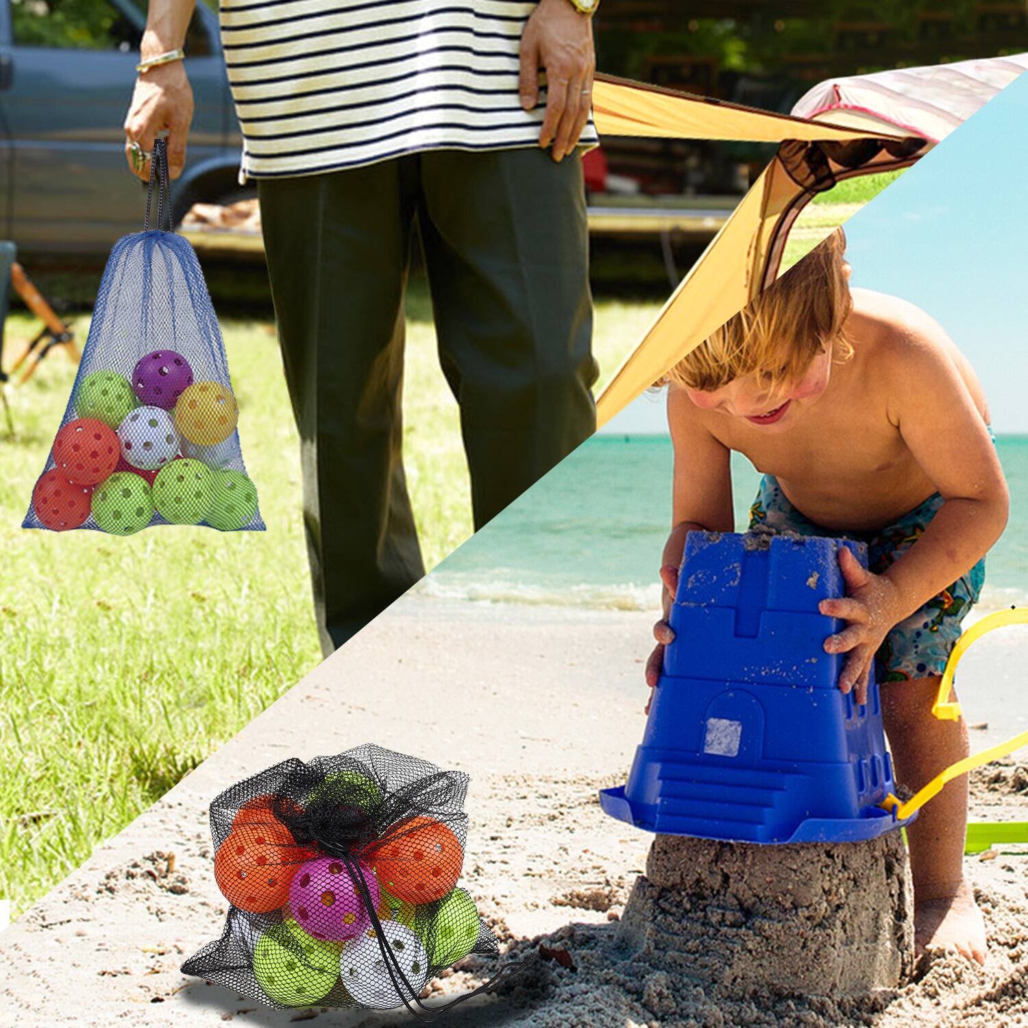 Alt View 3. GSE Games & Sports Expert - 18"x12" Mesh Drawstring Net Bag, Sports Equipment Storage Bag for Gym Gear, Clothes...(Blue-6pack) - blue.