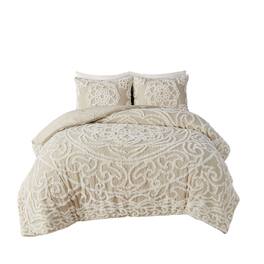 Gracie Mills - Ray 3-Piece Boho-Inspired Tufted Cotton Chenille Medallion Comforter Set - Taupe