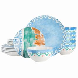 Gibson - Spice by Tia Mowry Savory Saffron 18 Piece Round Fine Ceramic Dinnerware Set - Golden Blue