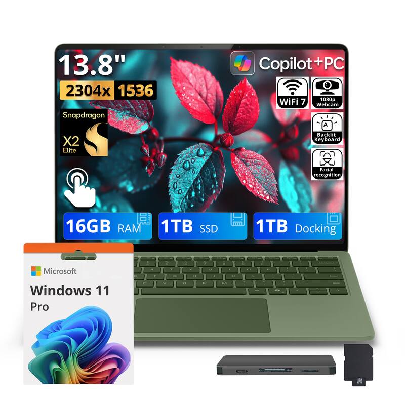 13.8" 2304x1536 Snapdragon X2 Elite

Copilot+PC WiFi 7 1080p Webcam A

Backlit Keyboard Facial recognition

16GB RAM 1TB SSD 1TB Docking

Microsoft Windows 11 Pro