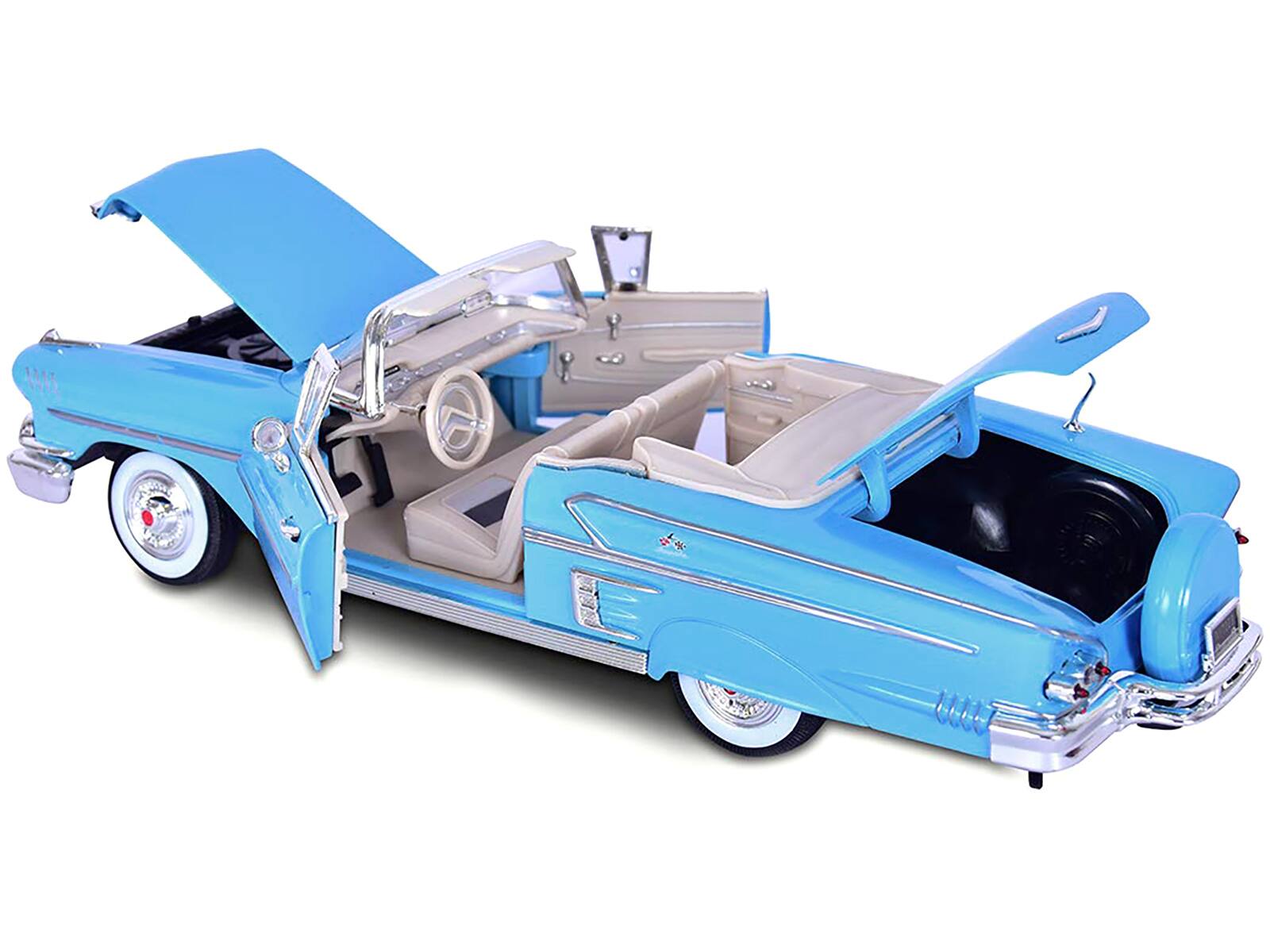 Alt View 2. Motormax - 1958 Chevrolet Impala Convertible Light Blue "Timeless Classics"  1/18 Diecast Model Car by Motormax.