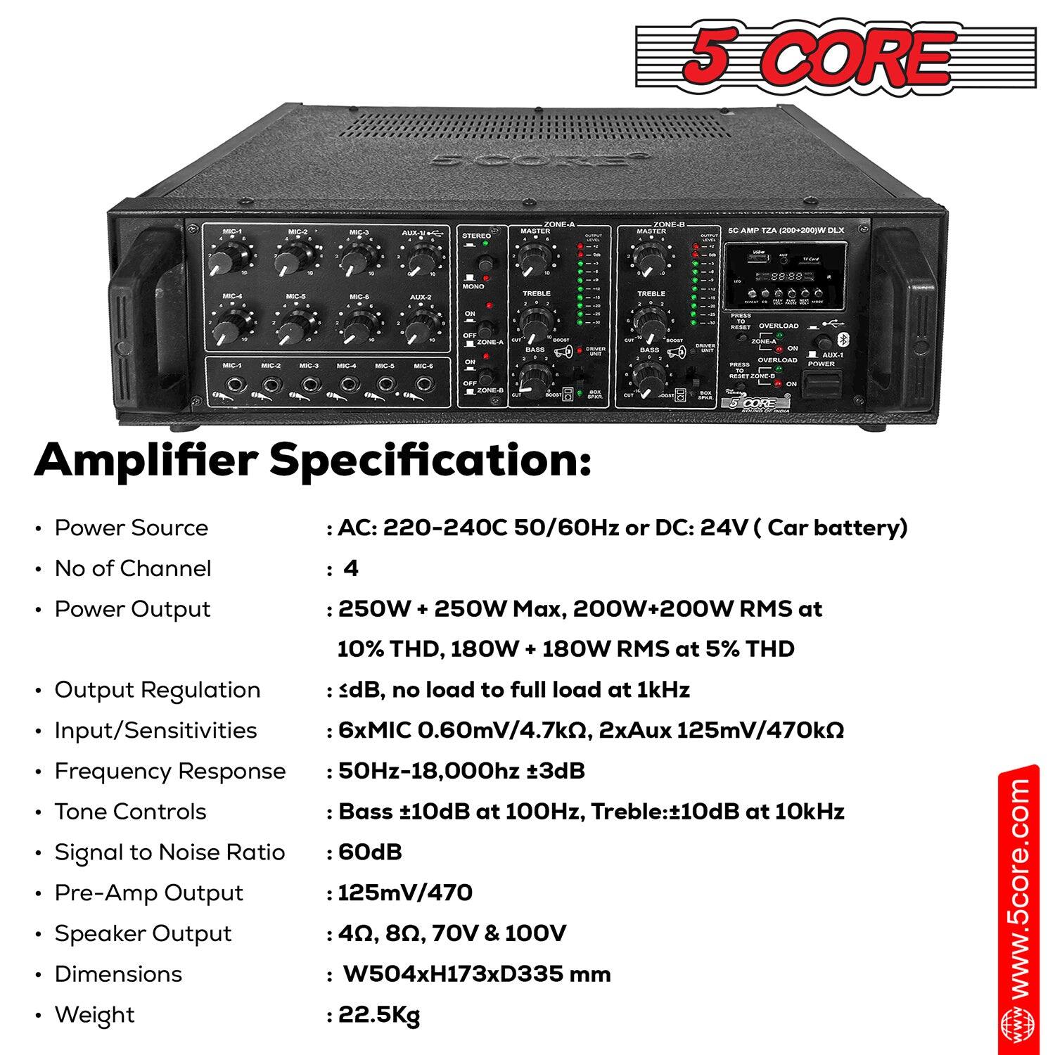 **Amplifier Specification:**

- **Power Source:** AC: 220-240V 50/60Hz or DC: 24V (Car battery)
- **No of Channel:** 4
- **Power Output:** 250W + 250W Max, 200W+200W RMS at 10% THD, 180W + 180W RMS at 5% THD
- **Output Regulation:** ±3dB, no load to full load at 1kHz
- **Input/Sensitivities:** 6xMIC 0.60mV/4.7kΩ, 2xAux 125mV/470kΩ
- **Frequency Response:** 50Hz-18,000Hz +3dB
- **Tone Controls:** Bass ±10dB at 100Hz, Treble: ±10dB at 10kHz
- **Signal to Noise Ratio:** 60dB
- **Pre-Amp Output:** 125mV/470
- **Speaker Output:** 4Ω, 8Ω, 70V & 100V
- **Dimensions:** W504xH173xD335 mm
- **Weight:** 22.5Kg

**www.5core.com**