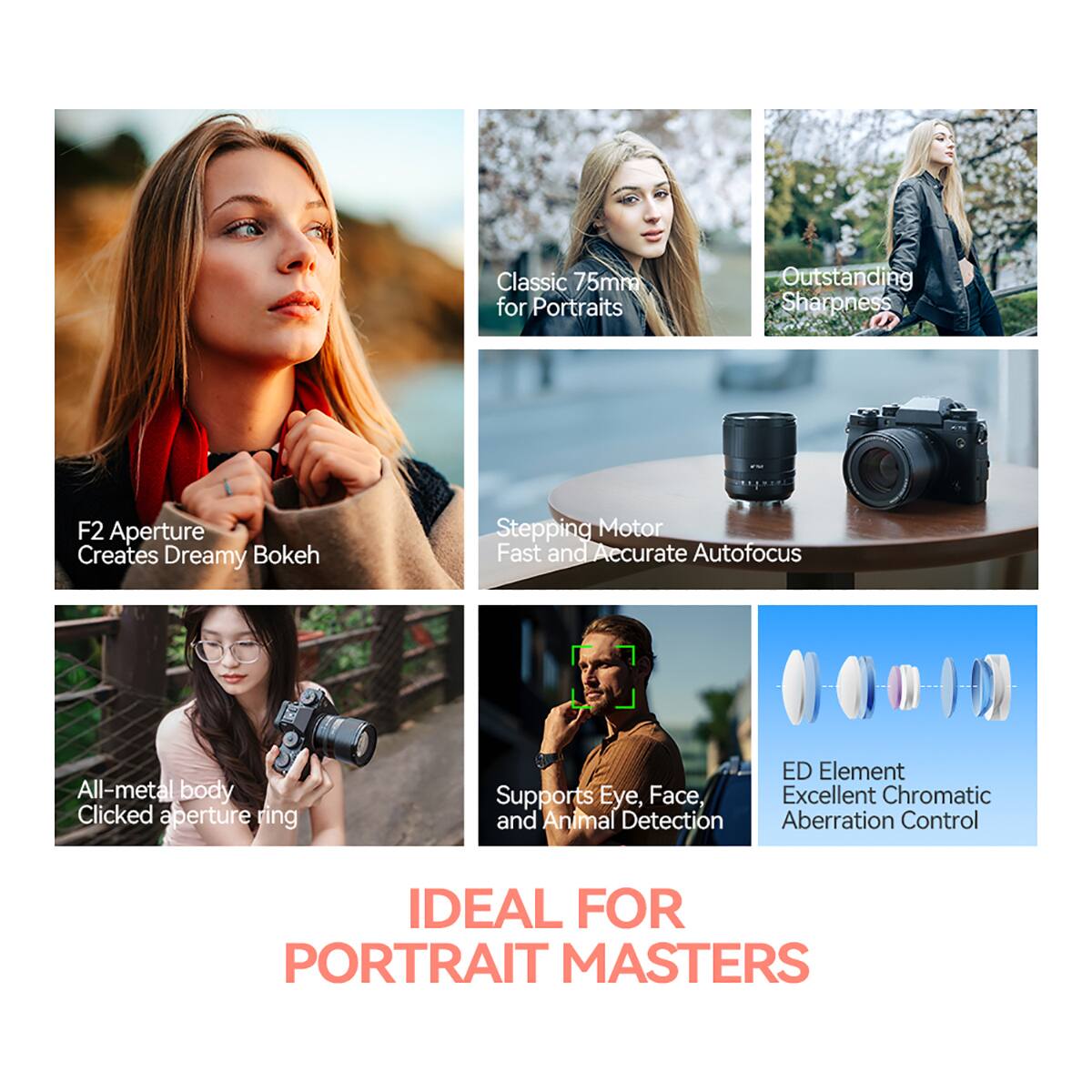 Classic 75mm for Portraits  
Outstanding Sharpness  
F2 Aperture Creates Dreamy Bokeh  
Stepping Motor Fast and Accurate Autofocus  
All-metal body Clicked aperture ring  
ED Element Supports Eye, Face, Excellent Chromatic and Animal Detection Aberration Control  
IDEAL FOR PORTRAIT MASTERS