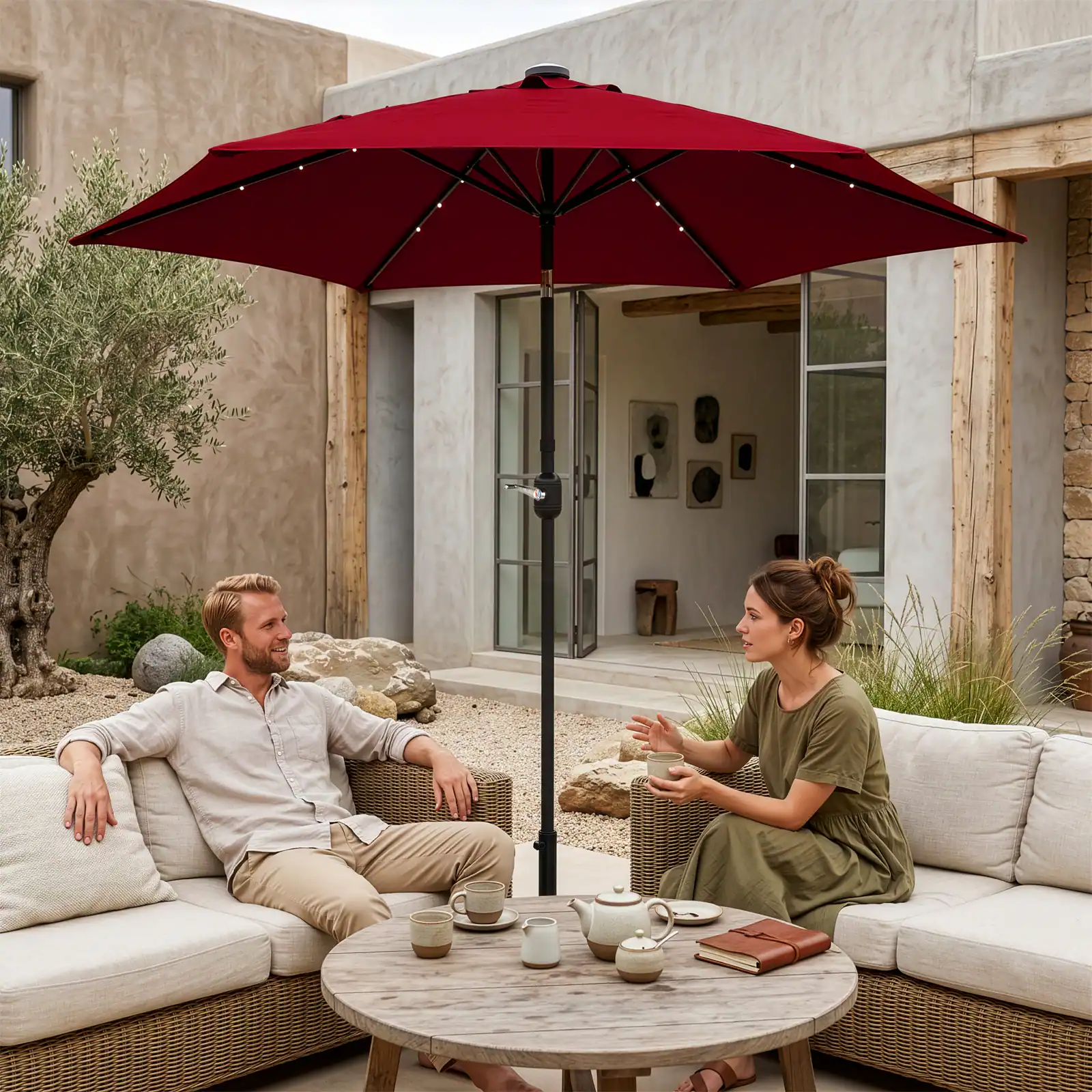 9 ft patio umbrella with crank Terrace Arc Scalloped Fringe Market Half Crank, Tilt Button and UV Protection Coral Pink/Brown Pole rated rugs and furniture pieces today Best Buy